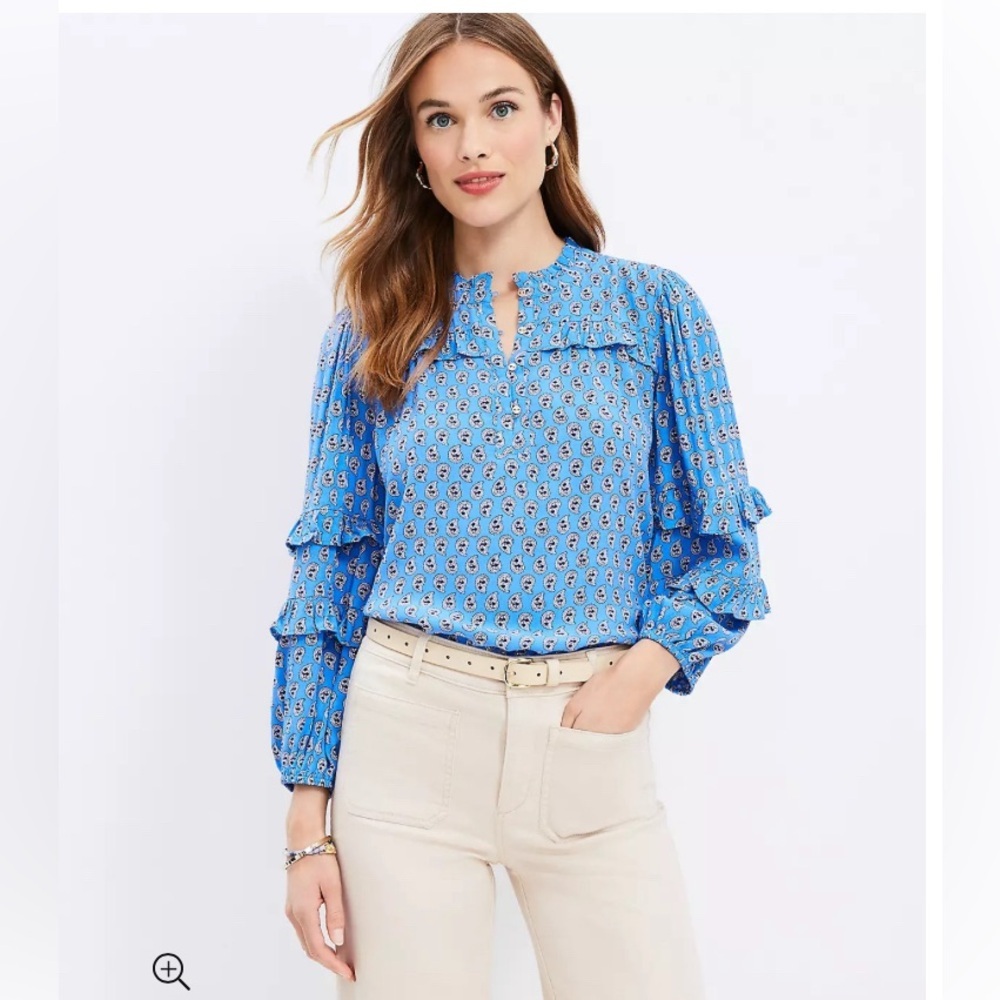 Loft Paisley Ruffle Button Blouse in Blue
